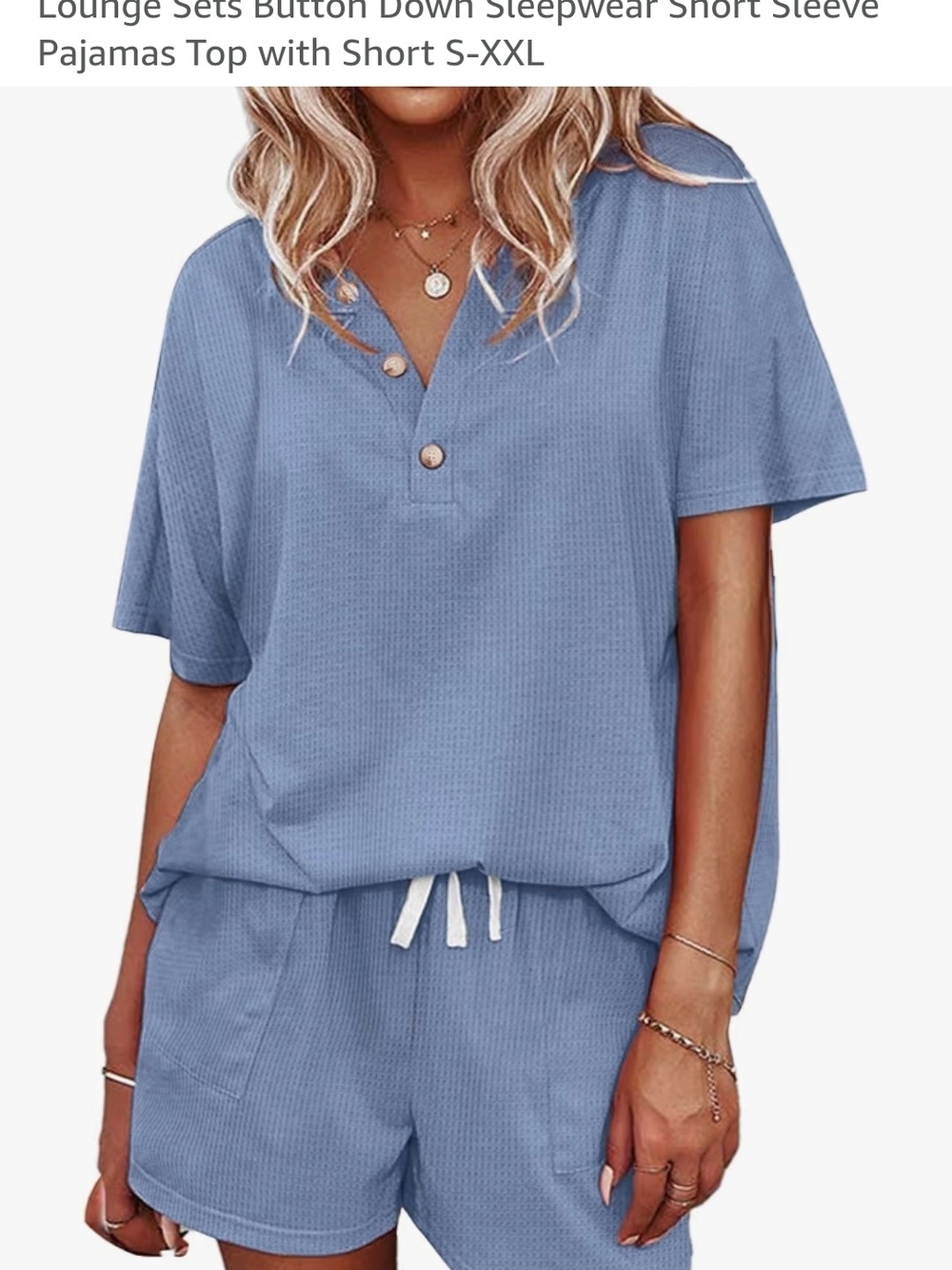Relaxed Short Sleeve Waffle Knit Pajama Set in Dusty Blue